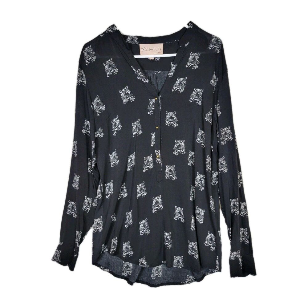 Philosophy Republic Black Tiger Print Popover Blouse Gold Buttons Size M Whimsy